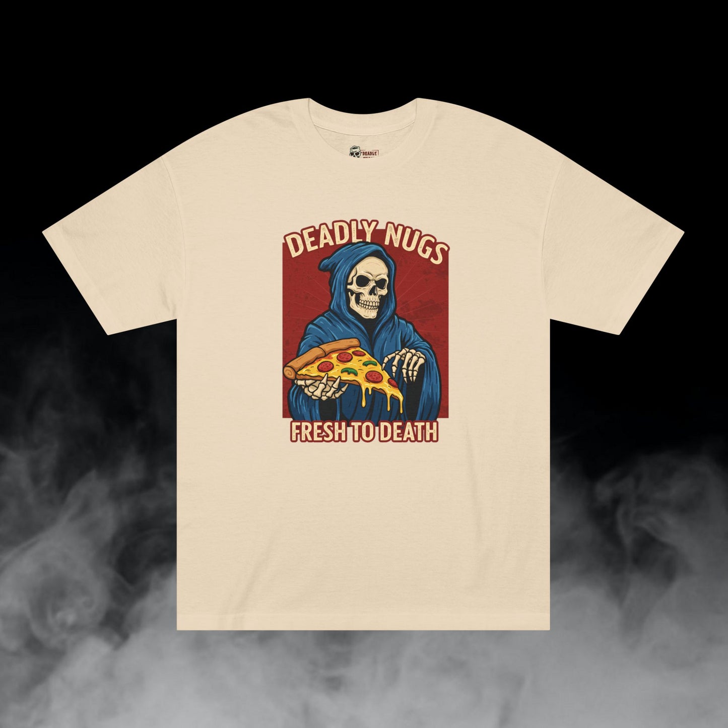 Fresh to Death / Grim Reaper with Pizza Graphic Tee / Dark Humor Cartoon Art Horror / 420 Underground Stoner Streetwear / DEADLY NUGS