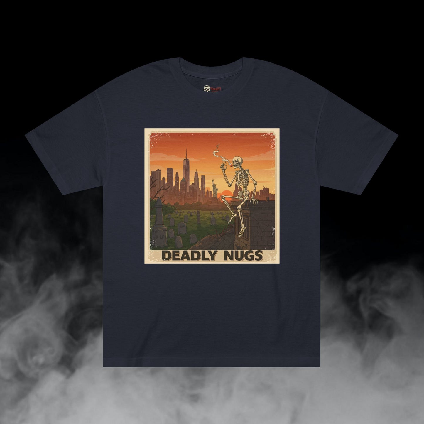 NY High / Skeleton Smoking New York Skyline Graphic Tee / Vintage Travel Poster Art Skyline Cityscape / 420 Underground Stoner Streetwear / DEADLY NUGS