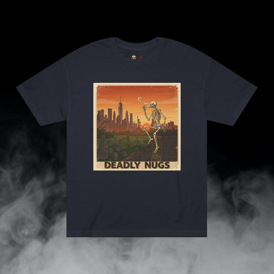 NY High / Skeleton Smoking New York Skyline Graphic Tee / Vintage Travel Poster Art Skyline Cityscape / 420 Underground Stoner Streetwear / DEADLY NUGS