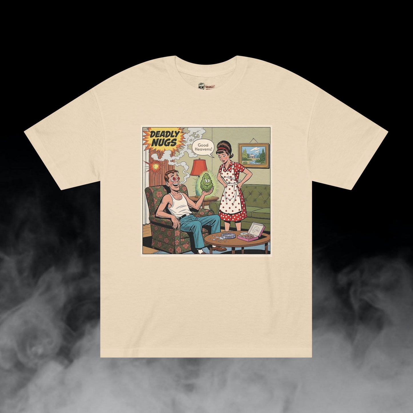 Good Heavens! / Suburban Husband and Wife Overwhelmed by Cannabis Experience Graphic Tee / Vintage Humor Comic Art Style / 420 Underground Stoner Culture / DEADLY NUGS