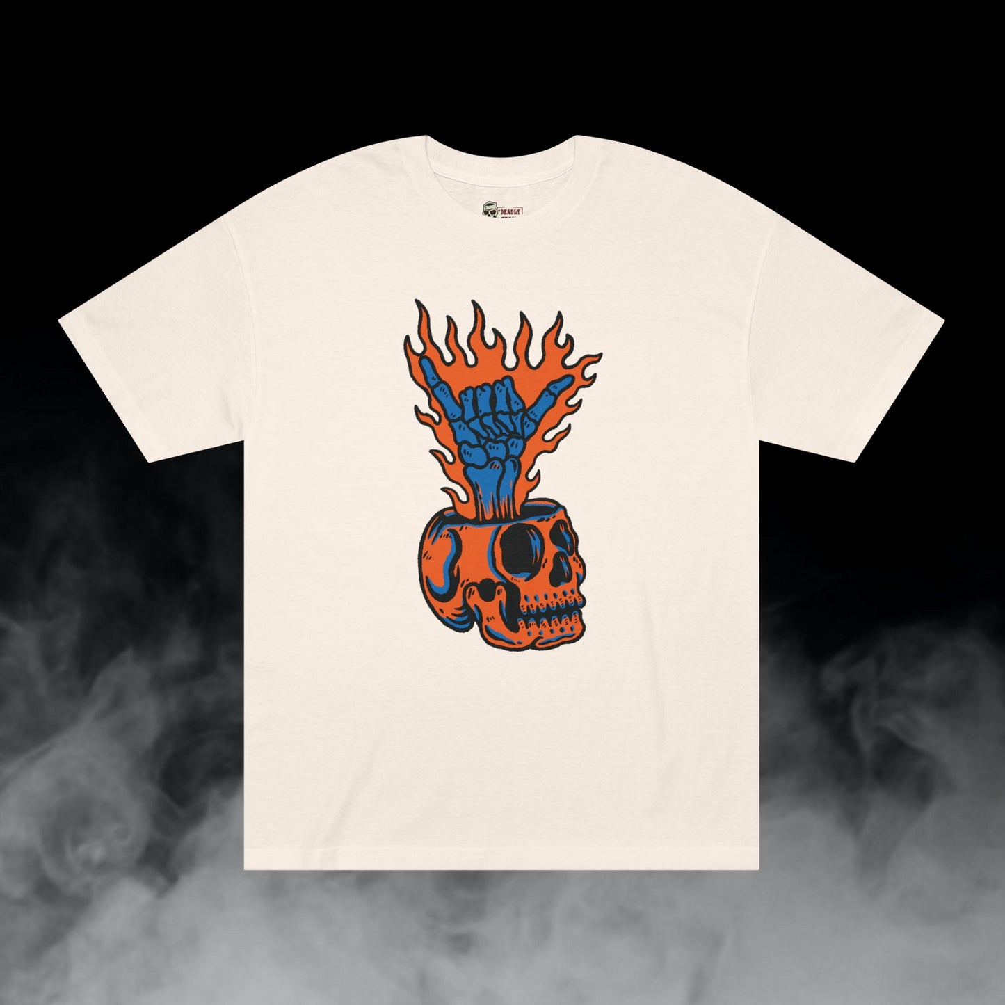 Far Out / Skull Hang Loose Shaka Gesture Flaming Hand Graphic Tee / Classic Cartooning Tatoo Art Style / 420 Underground Stoner Streetwear / DEADLY NUGS