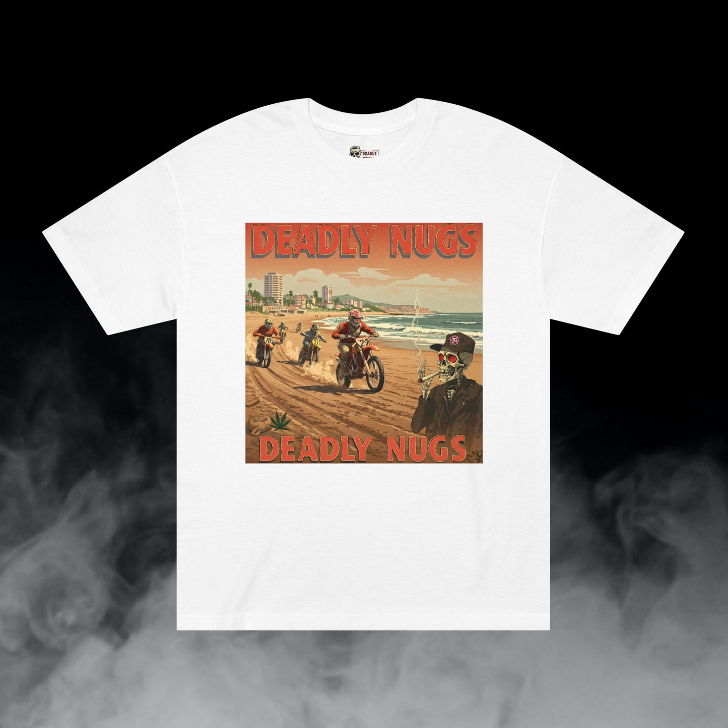 Moto Beach / Biker Dirt Bike Motorcycle Skeleton Graphic Tee / Gritty Vintage Travel Poster Art Style / 420 Underground Stoner Streetwear / DEADLY NUGS