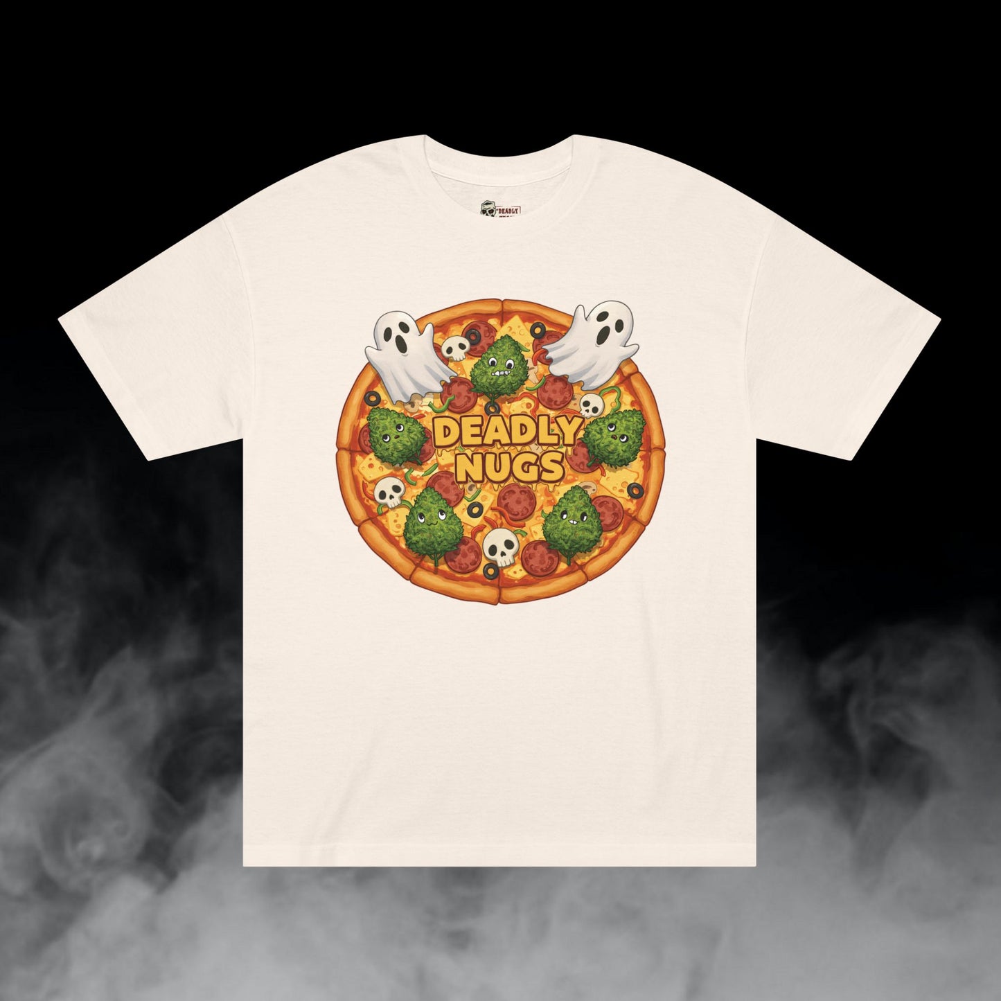 High Quality Ingredients / Pizza Bud Characters Ghosts Skulls Graphic Tee / Dark Humor Spooky Modern Cartoon Comic Art Style / 420 Underground Stoner Streetwear / DEADLY NUGS