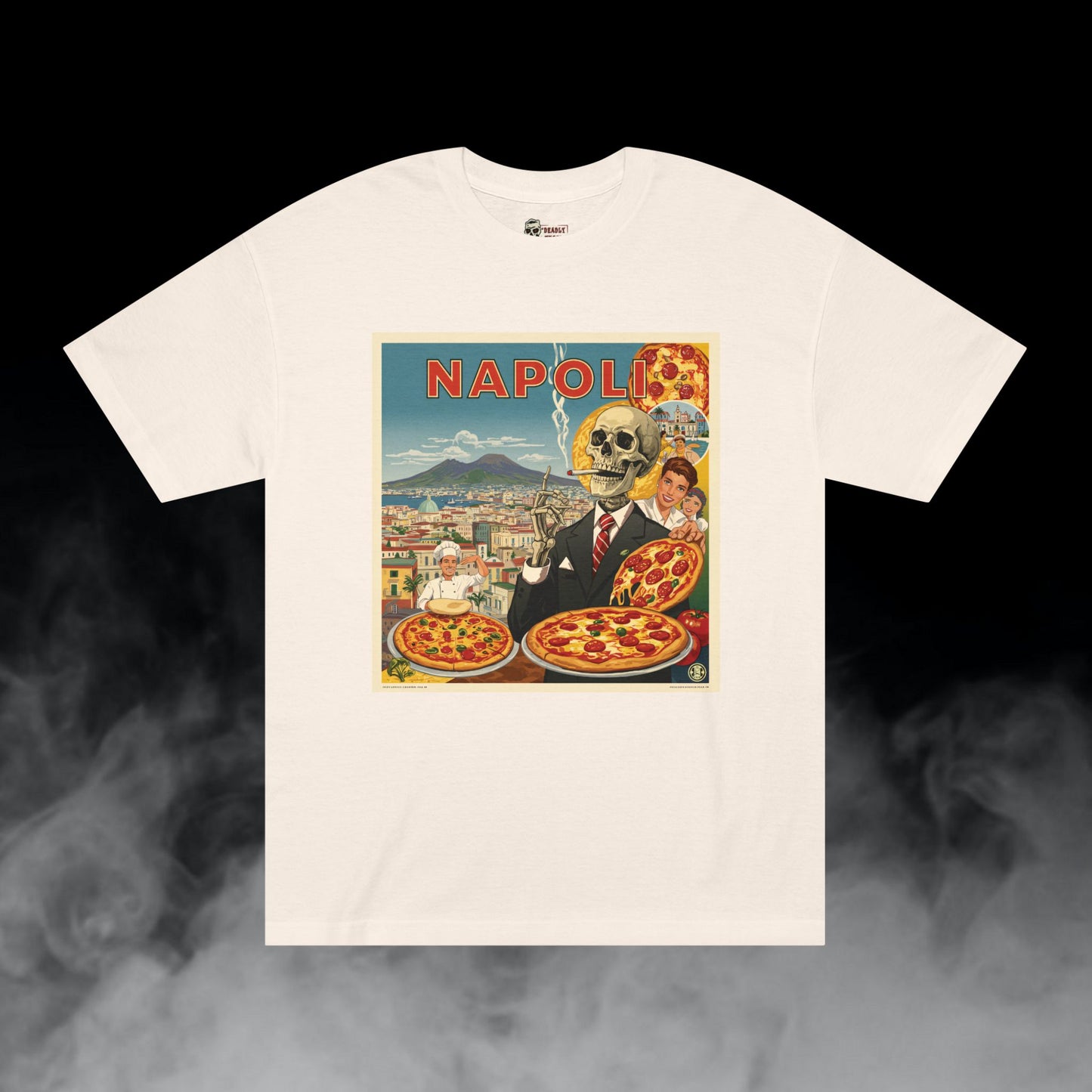 Ciao Napoli / City Backdrop Skeleton Smoking Pizza Familia Graphic Tee / Classic Vintage Travel Poster Art Style / 420 Underground Stoner Streetwear / DEADLY NUGS