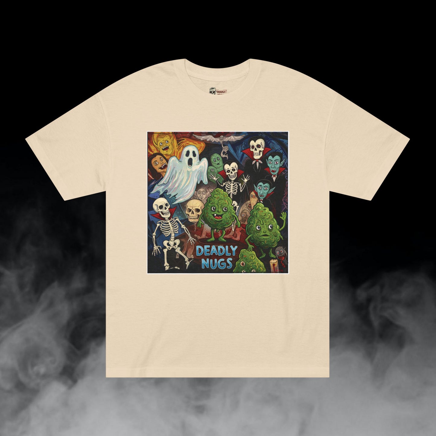 NUGS of the Living Dead / Bud Characters Ghost Spirits Skeleton Vampires Graphic Tee / Dark Humor Eerie Sinister Vintage Pop Art Comic Style / 420 Underground Stoner Streetwear / DEADLY NUGS