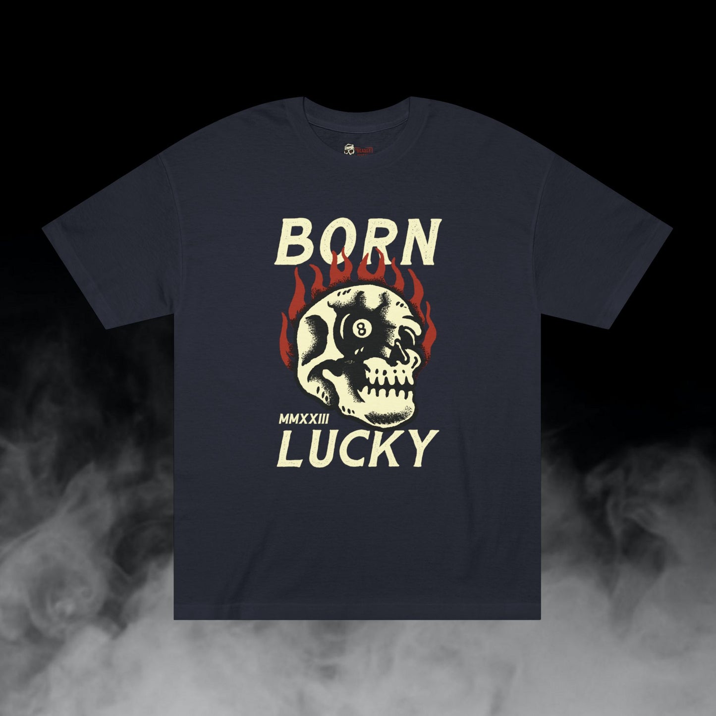 Born Lucky / Flaming Skull Eight Ball Eye Graphic Tee / Classic Cartooning Tatoo Art Style / 420 Underground Stoner Streetwear / DEADLY NUGS