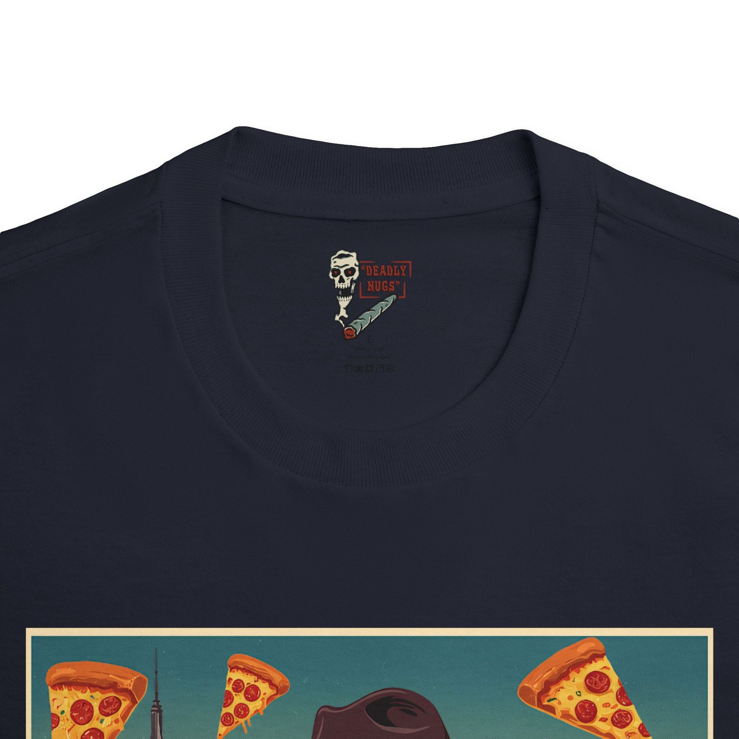 Pizza New York / City Skyline Skeleton Smoking Pizza Graphic Tee / Classic Vintage Travel Poster Art Style / 420 Underground Stoner Streetwear / DEADLY NUGS