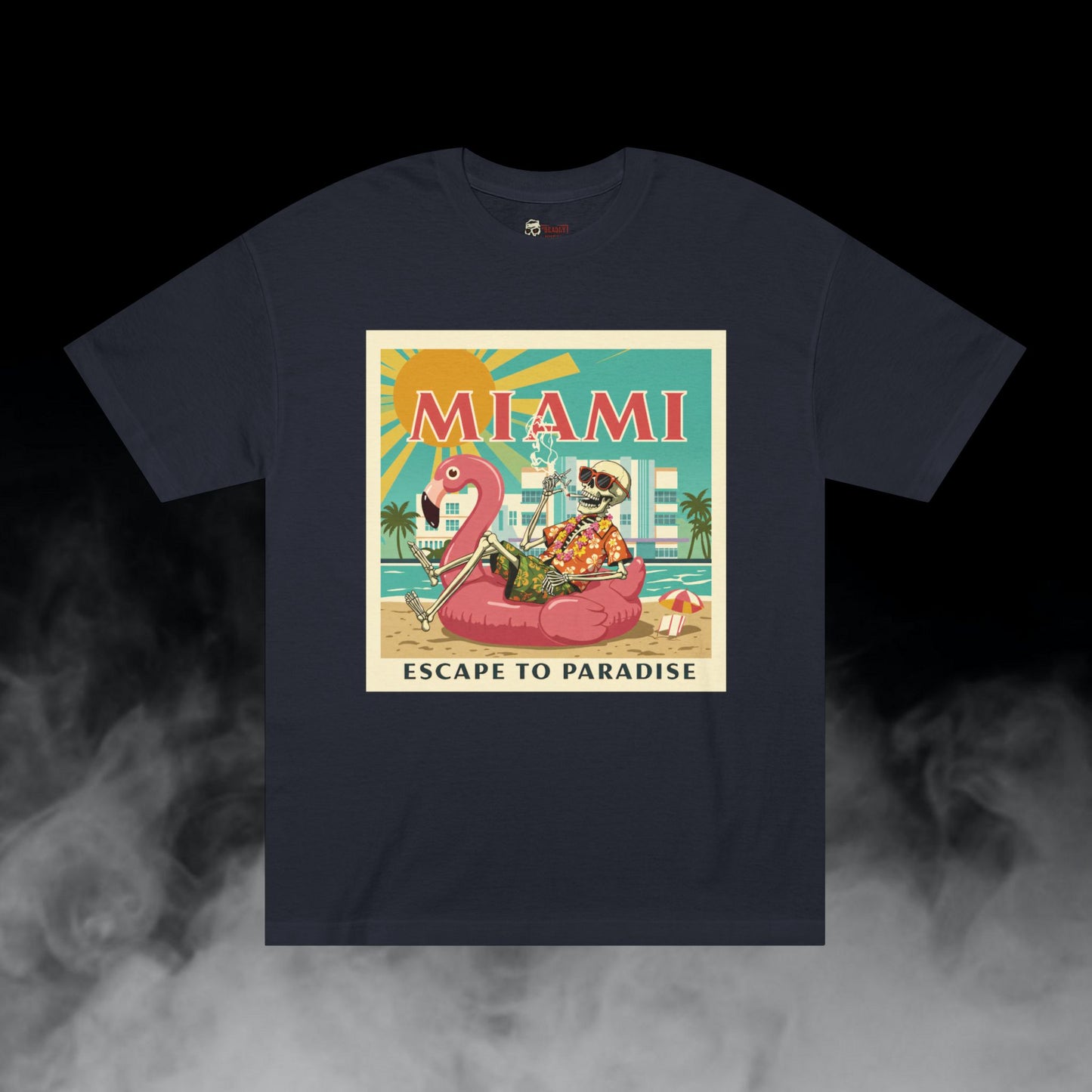 Miami Escape to Paradise / Skeleton Smoking Flamingo Blowup Graphic Tee / Beach Travel Poster Art Style / 420 Underground Stoner Streetwear / DEADLY NUGS