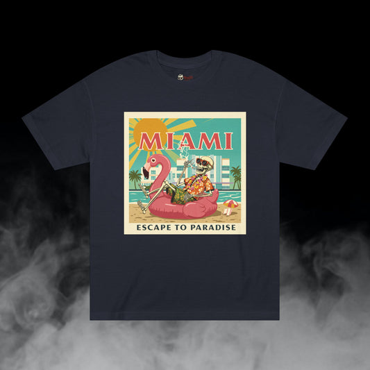 Miami Escape to Paradise / Skeleton Smoking Flamingo Blowup Graphic Tee / Beach Travel Poster Art Style / 420 Underground Stoner Streetwear / DEADLY NUGS