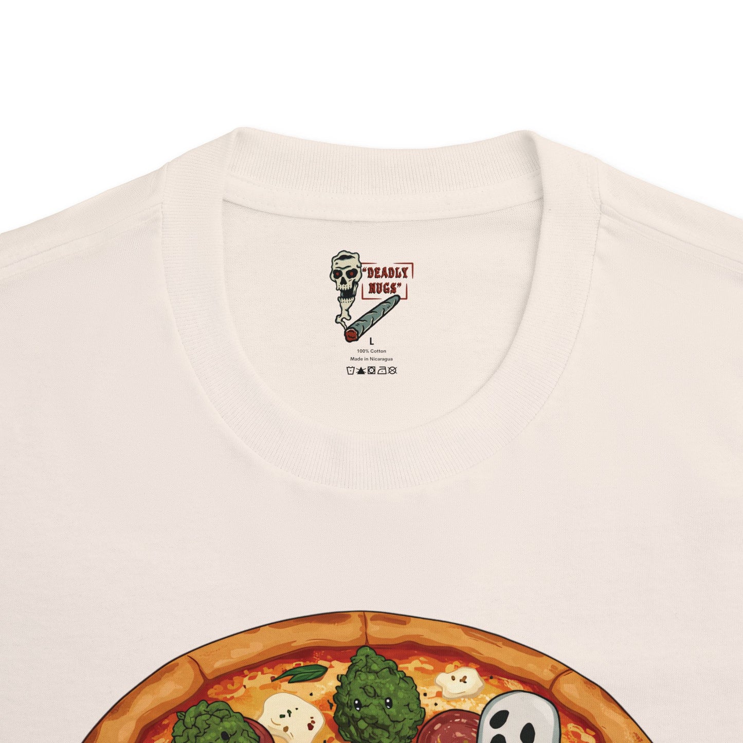 Pizza Pie! / Pizza Bud Characters Ghosts Skulls Graphic Tee / Dark Humor Spooky Modern Cartoon Comic Art Style / 420 Underground Stoner Streetwear / DEADLY NUGS