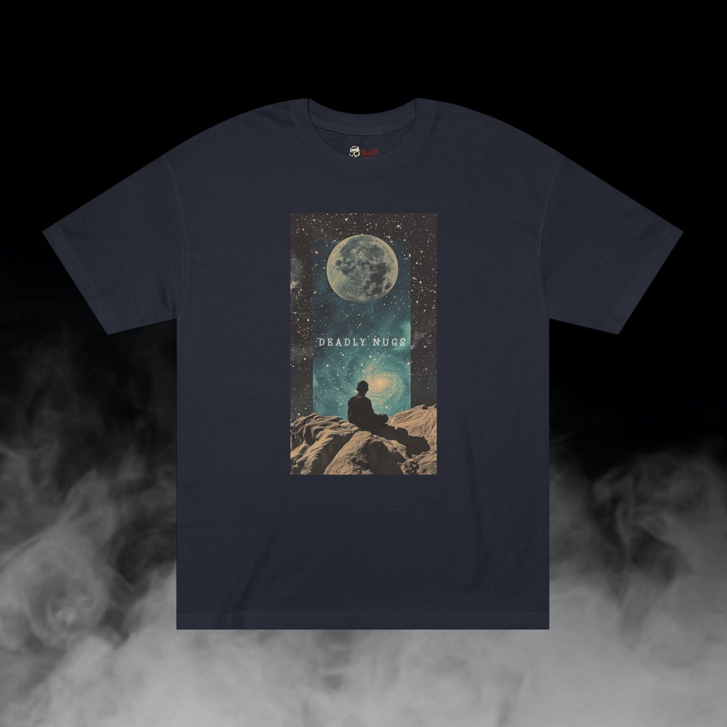Find My Space / Figure with Space Moon Galaxy Graphic Tee / Futuristic Chill Aesthetic Art / 420 Underground Stoner Streetwear / DEADLY NUGS