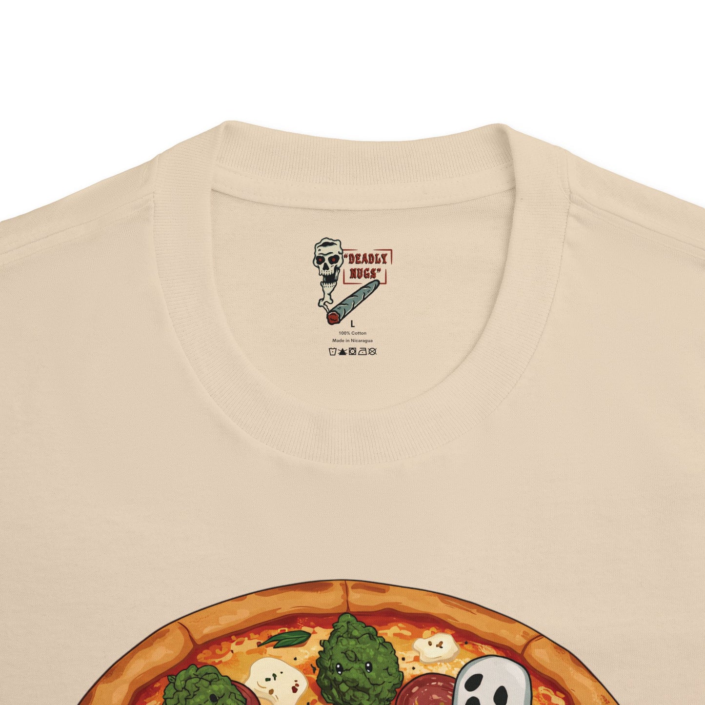 Pizza Pie! / Pizza Bud Characters Ghosts Skulls Graphic Tee / Dark Humor Spooky Modern Cartoon Comic Art Style / 420 Underground Stoner Streetwear / DEADLY NUGS