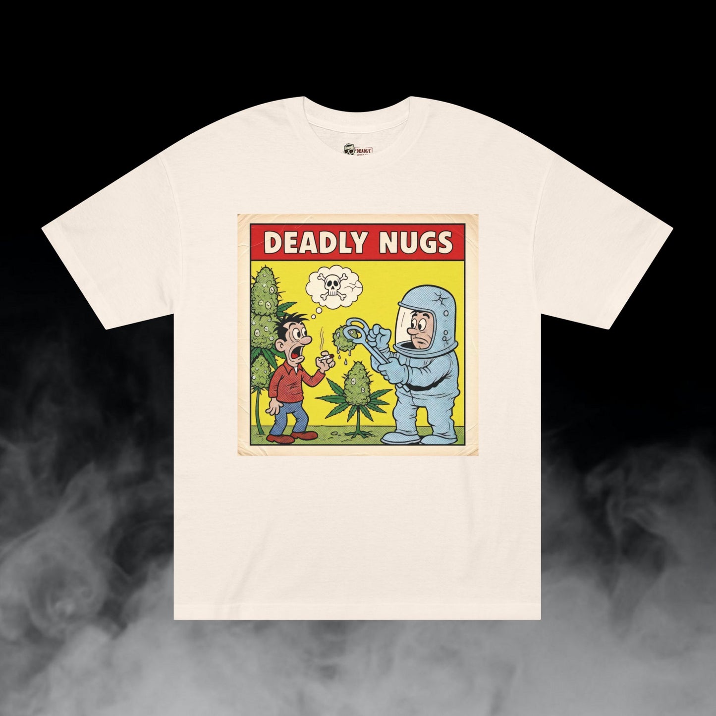 Quarantine Harvest / Man Smokes Bio-Hazard Buds Graphic Tee / Vintage Atomic Pop Art Comic Style / 420 Underground Stoner Culture / DEADLY NUGS