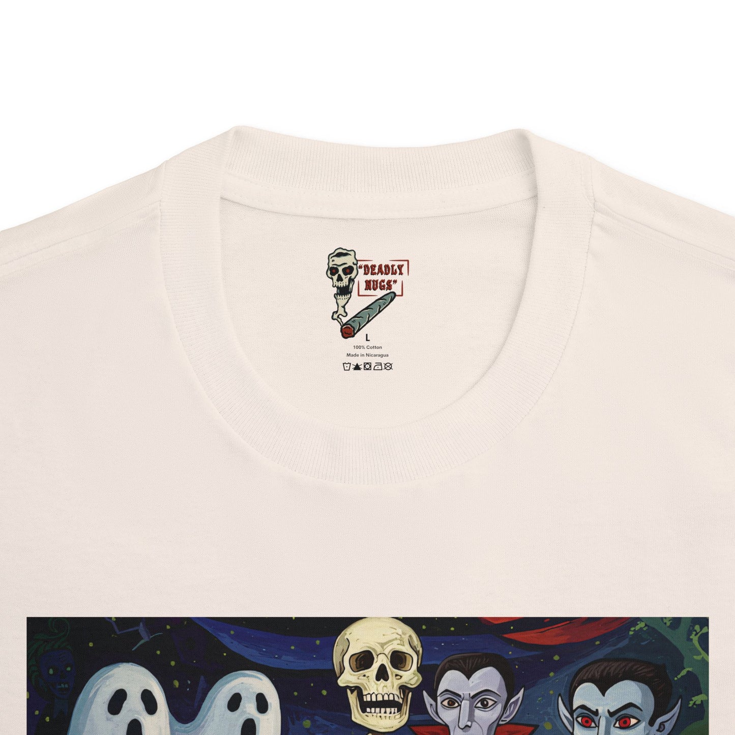 Culty-vation / Bud Characters Ghosts Skeleton Vampires Graphic Tee / Dark Humor Eerie Sinister Vintage Pop Art Comic Style / 420 Underground Stoner Streetwear / DEADLY NUGS
