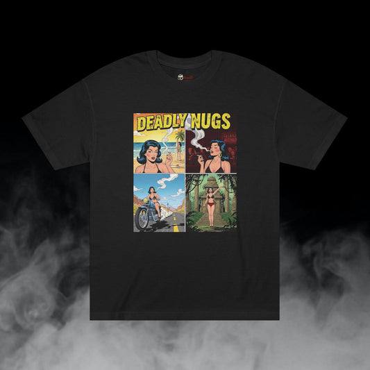 Passport to Paradise / Woman's Adventure with Cannabis Four-Panel Narrative Graphic Tee / Vintage Pulp Adventure Comic Art Style / 420 Underground Stoner Culture / DEADLY NUGS