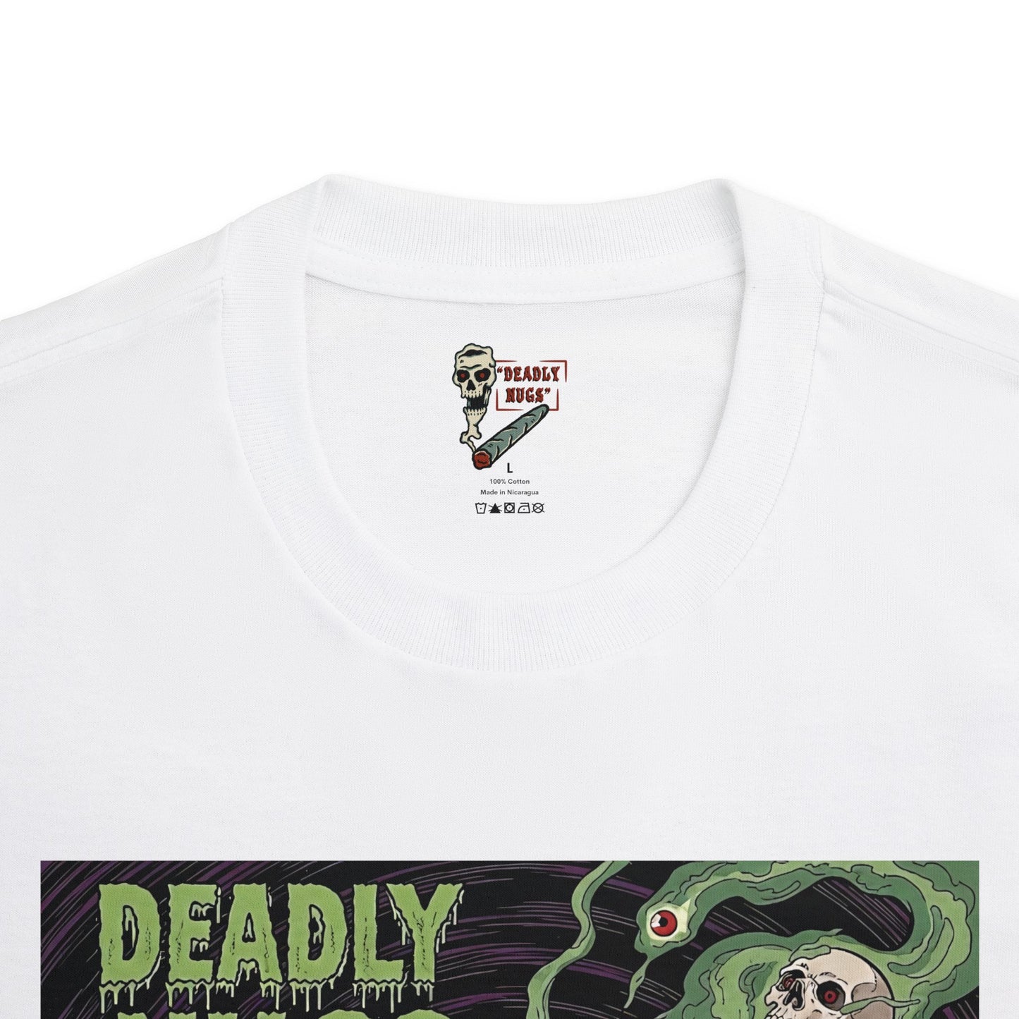 Weed & Wither / Panicked Man Surrounded by Swirling Cannabis Smoke & Skulls Graphic Tee / Vintage Horror Comic Art Style / 420 Underground Stoner Culture / DEADLY NUGS