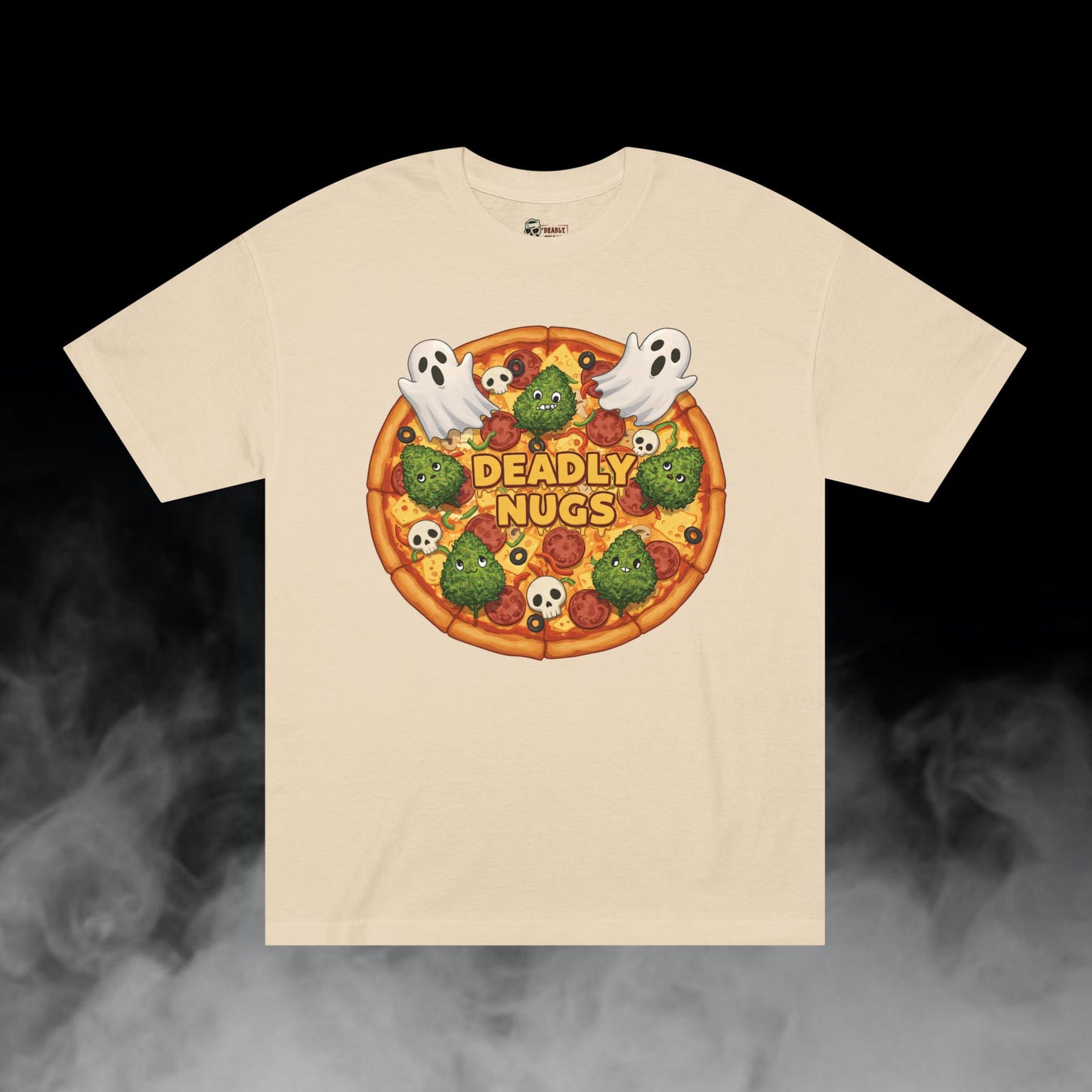 High Quality Ingredients / Pizza Bud Characters Ghosts Skulls Graphic Tee / Dark Humor Spooky Modern Cartoon Comic Art Style / 420 Underground Stoner Streetwear / DEADLY NUGS