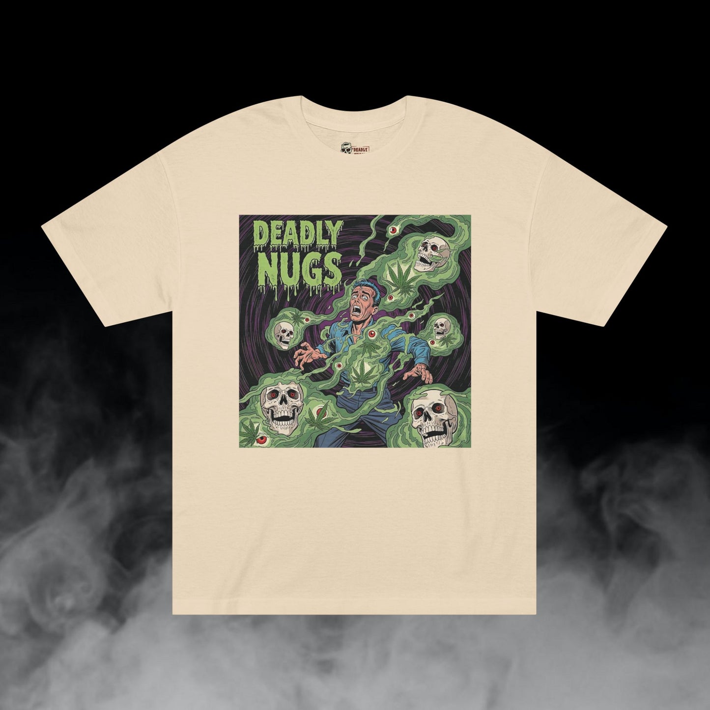 Weed & Wither / Panicked Man Surrounded by Swirling Cannabis Smoke & Skulls Graphic Tee / Vintage Horror Comic Art Style / 420 Underground Stoner Culture / DEADLY NUGS