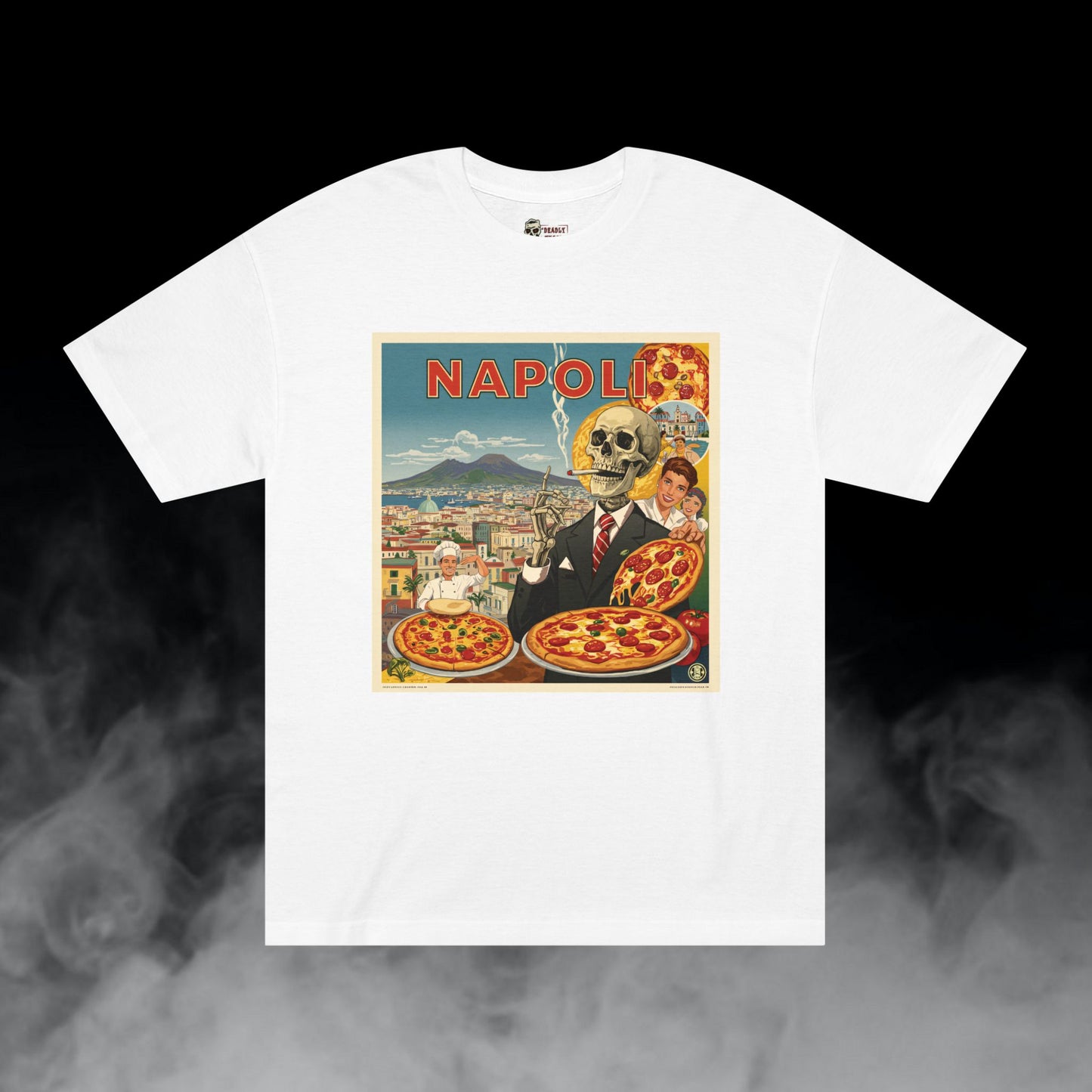 Ciao Napoli / City Backdrop Skeleton Smoking Pizza Familia Graphic Tee / Classic Vintage Travel Poster Art Style / 420 Underground Stoner Streetwear / DEADLY NUGS
