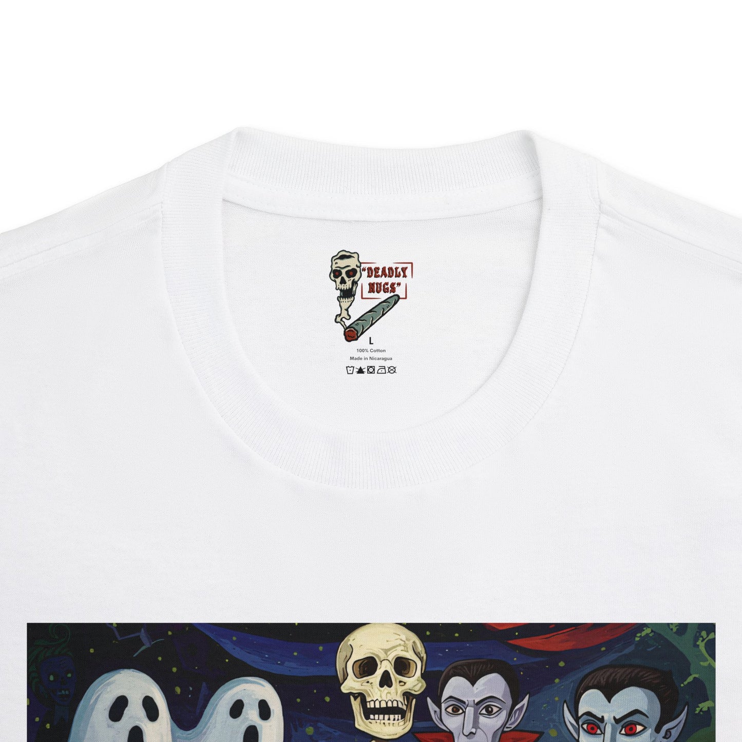 Culty-vation / Bud Characters Ghosts Skeleton Vampires Graphic Tee / Dark Humor Eerie Sinister Vintage Pop Art Comic Style / 420 Underground Stoner Streetwear / DEADLY NUGS