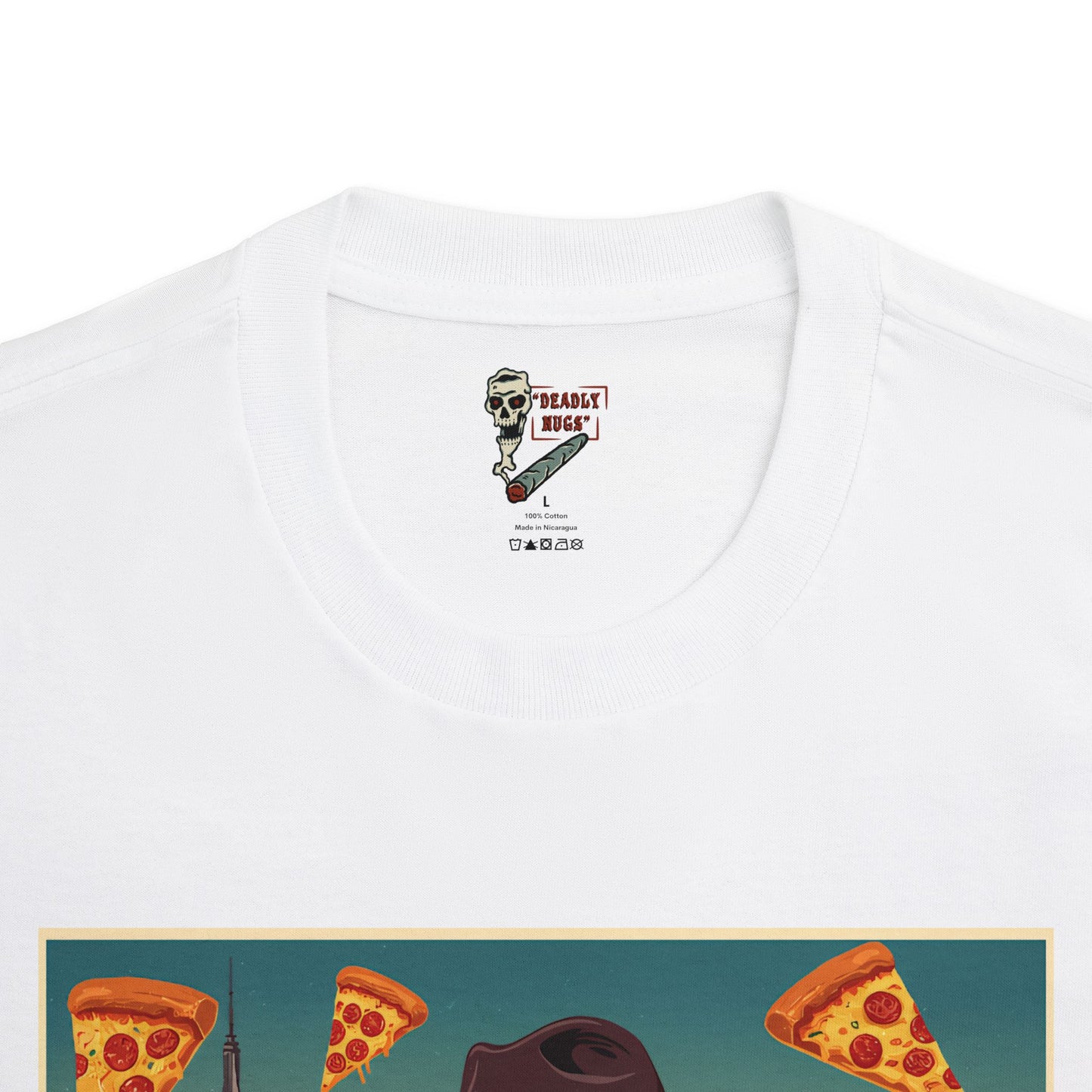Pizza New York / City Skyline Skeleton Smoking Pizza Graphic Tee / Classic Vintage Travel Poster Art Style / 420 Underground Stoner Streetwear / DEADLY NUGS