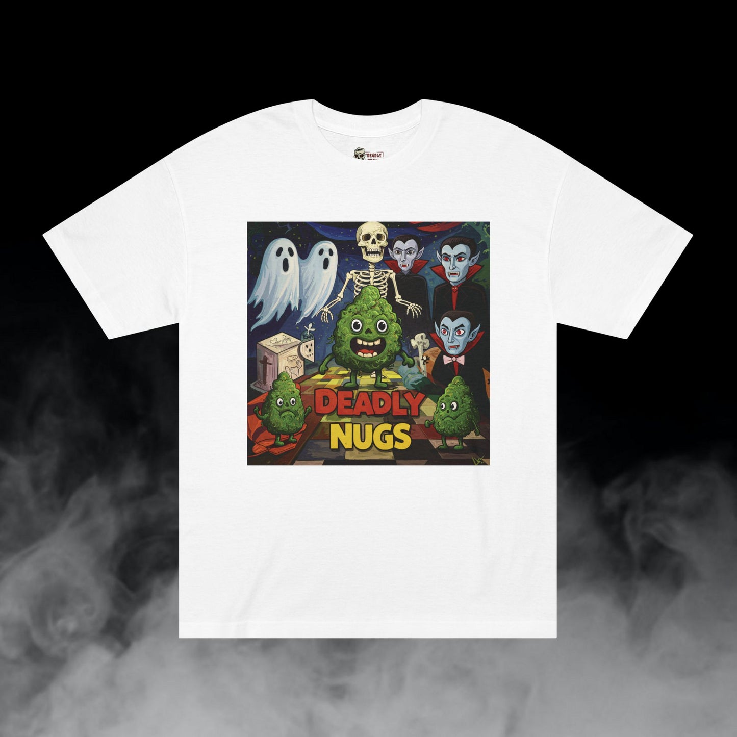 Culty-vation / Bud Characters Ghosts Skeleton Vampires Graphic Tee / Dark Humor Eerie Sinister Vintage Pop Art Comic Style / 420 Underground Stoner Streetwear / DEADLY NUGS
