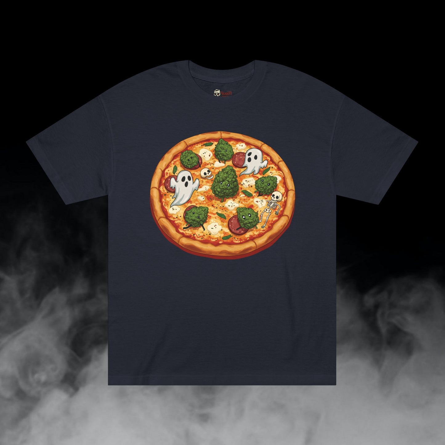 Pizza Pie! / Pizza Bud Characters Ghosts Skulls Graphic Tee / Dark Humor Spooky Modern Cartoon Comic Art Style / 420 Underground Stoner Streetwear / DEADLY NUGS