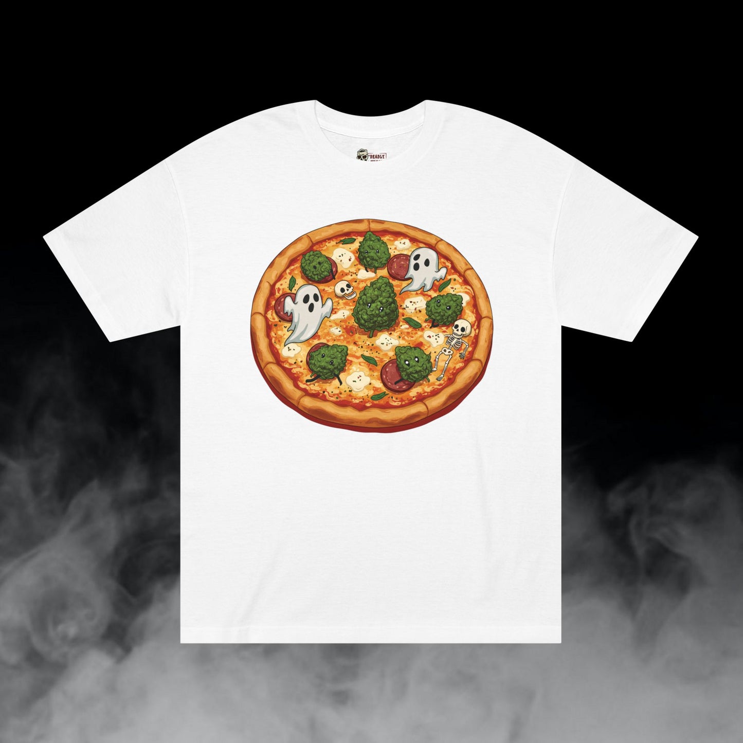 Pizza Pie! / Pizza Bud Characters Ghosts Skulls Graphic Tee / Dark Humor Spooky Modern Cartoon Comic Art Style / 420 Underground Stoner Streetwear / DEADLY NUGS