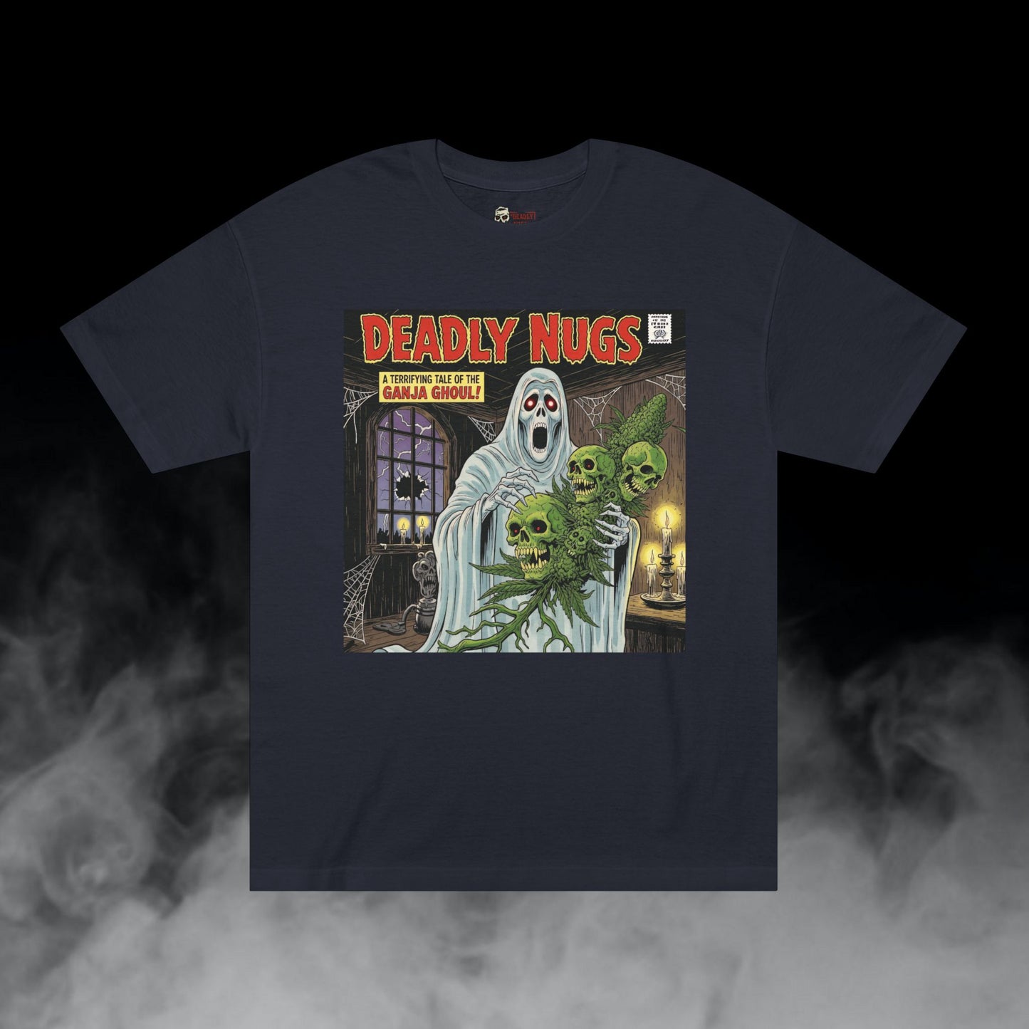 Ganja Ghoul / Hooded Reaper Skull Cannabis Cola Graphic Tee / Vintage Pulp Horror Comic Style / 420 Underground Stoner Streetwear / DEADLY NUGS