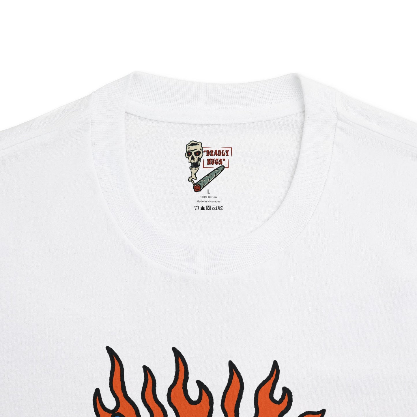 Far Out / Skull Hang Loose Shaka Gesture Flaming Hand Graphic Tee / Classic Cartooning Tatoo Art Style / 420 Underground Stoner Streetwear / DEADLY NUGS