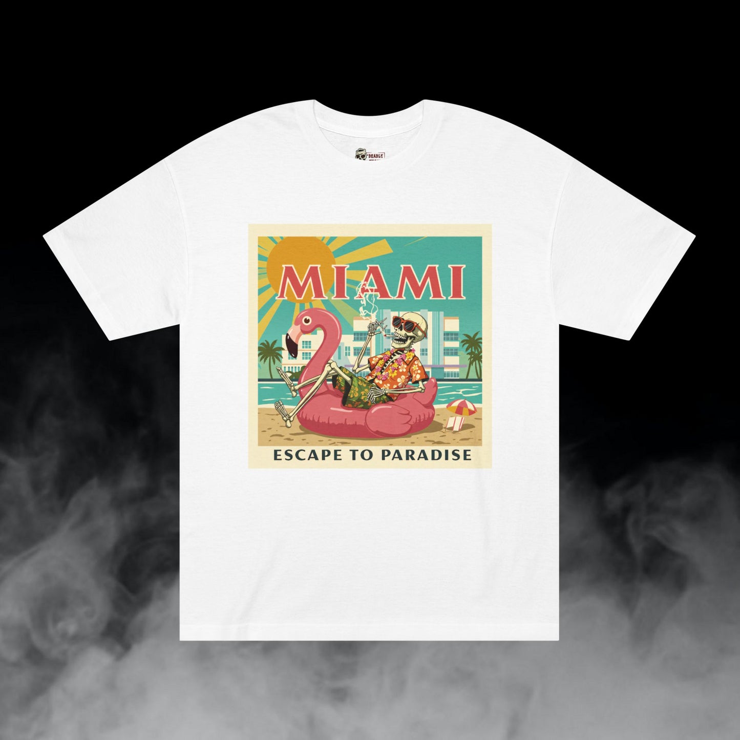 Miami Escape to Paradise / Skeleton Smoking Flamingo Blowup Graphic Tee / Beach Travel Poster Art Style / 420 Underground Stoner Streetwear / DEADLY NUGS