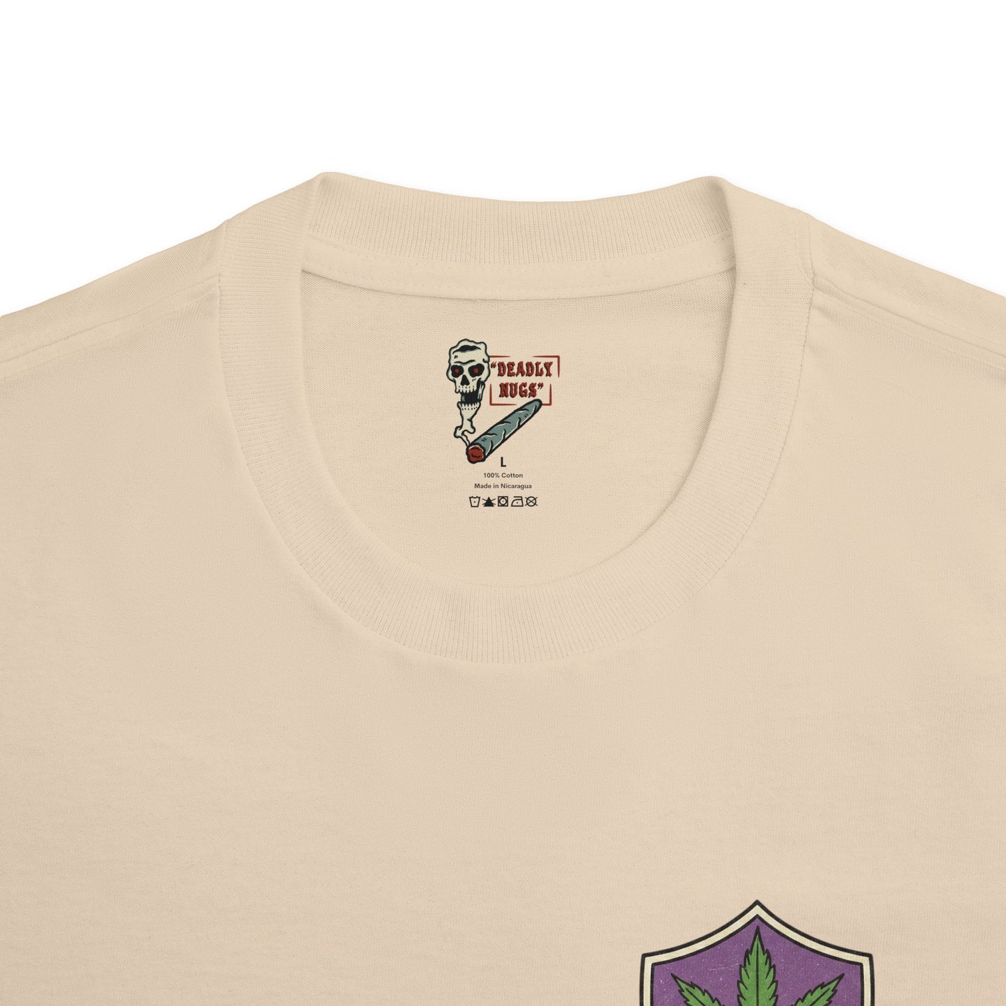Pot Head Official / Purple Badge with Cannabis Leaf and Retro Joint Character Graphic Tee / Vintage Badge Retro Mascot Cartoon Art Stoner Noir Style / 420 Underground Stoner Culture / DEADLY NUGS
