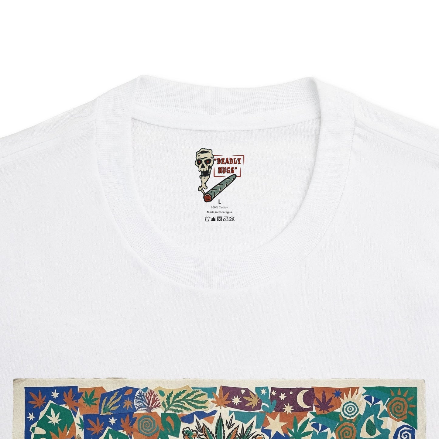 Crown Flora / Skull with Cannabis Crown in Vibrant, Organic Collage Graphic Tee / Matisse-inspired Paper-Cut Art Style / Wearable Art / 420 Underground Stoner Culture / DEADLY NUGS