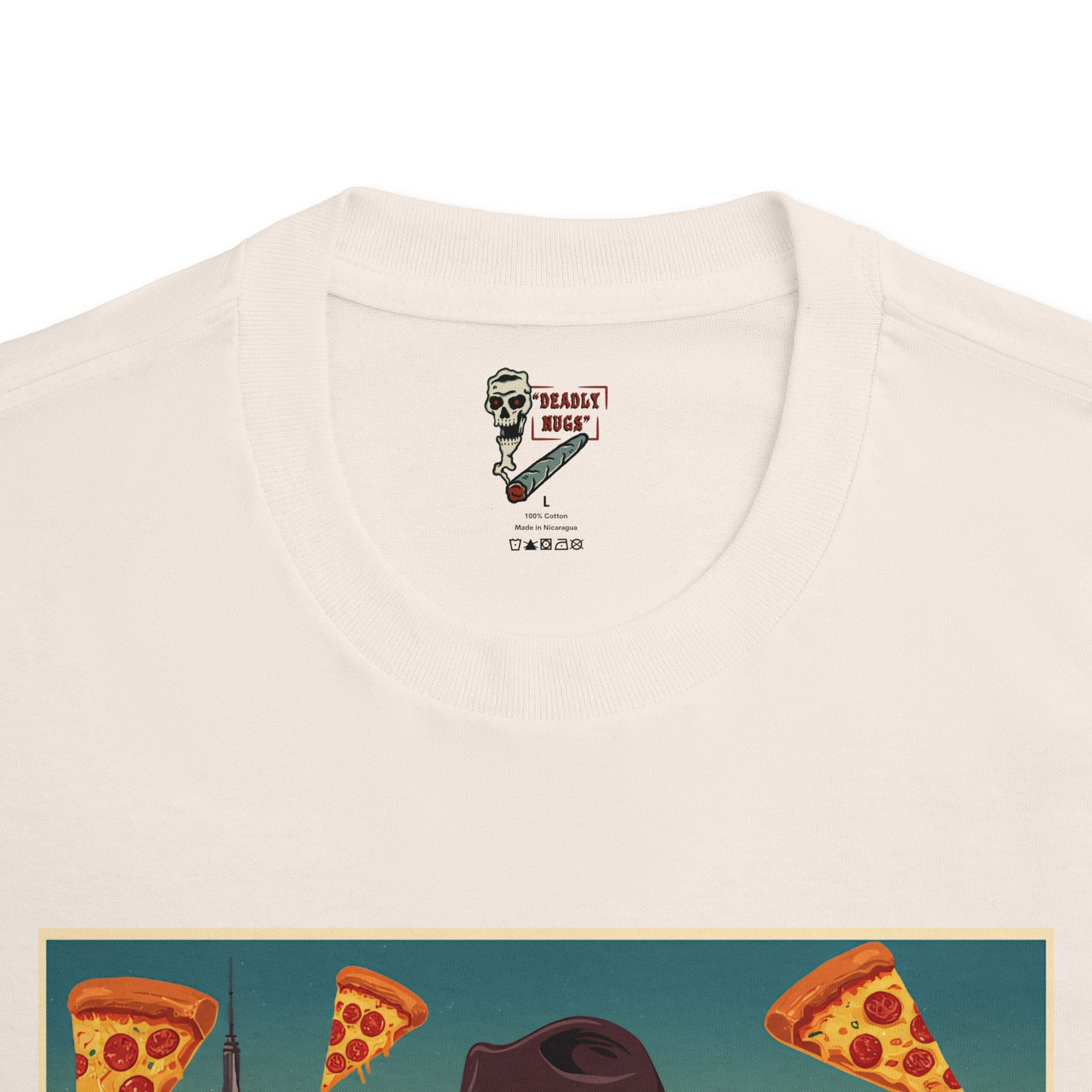 Pizza New York / City Skyline Skeleton Smoking Pizza Graphic Tee / Classic Vintage Travel Poster Art Style / 420 Underground Stoner Streetwear / DEADLY NUGS
