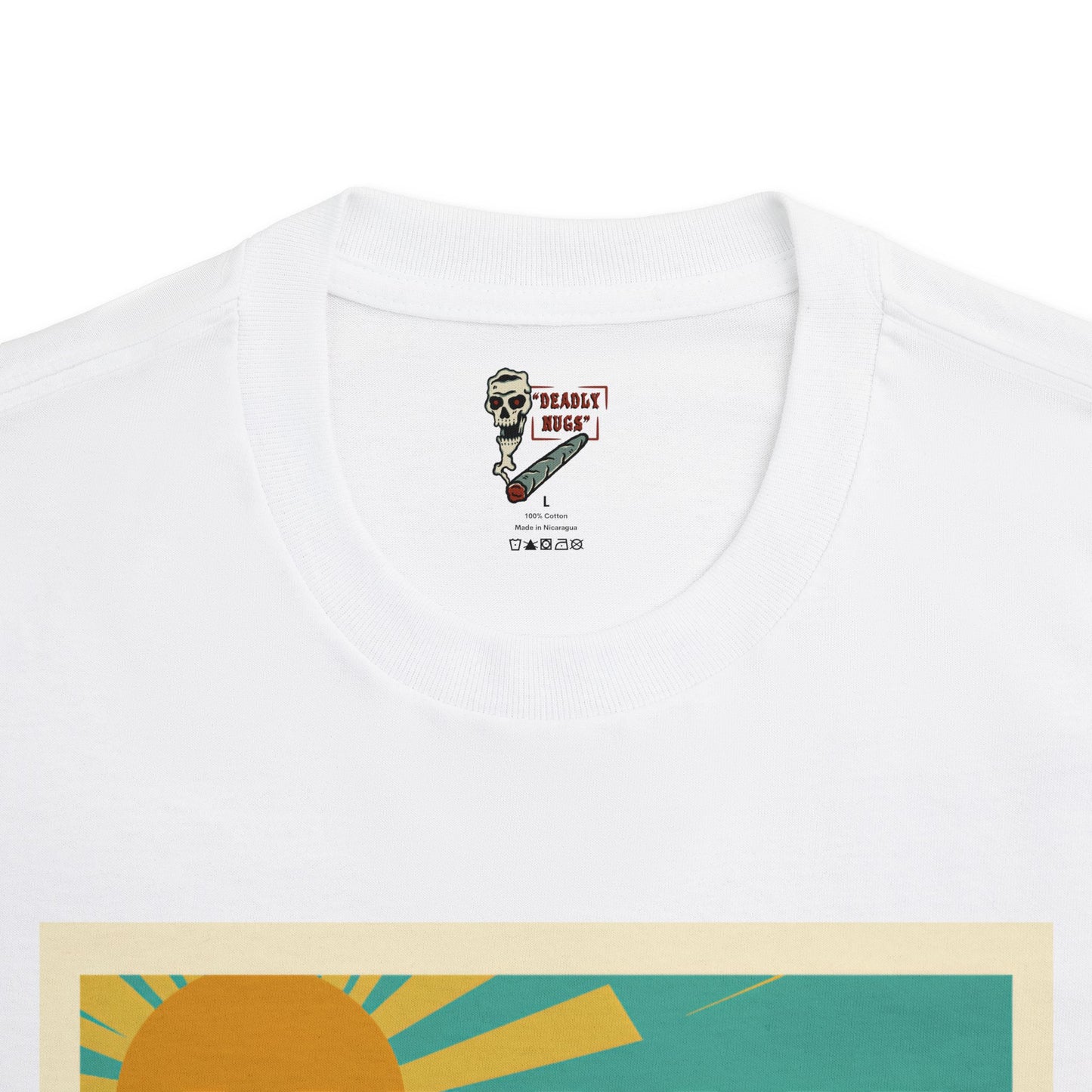 Miami Escape to Paradise / Skeleton Smoking Flamingo Blowup Graphic Tee / Beach Travel Poster Art Style / 420 Underground Stoner Streetwear / DEADLY NUGS