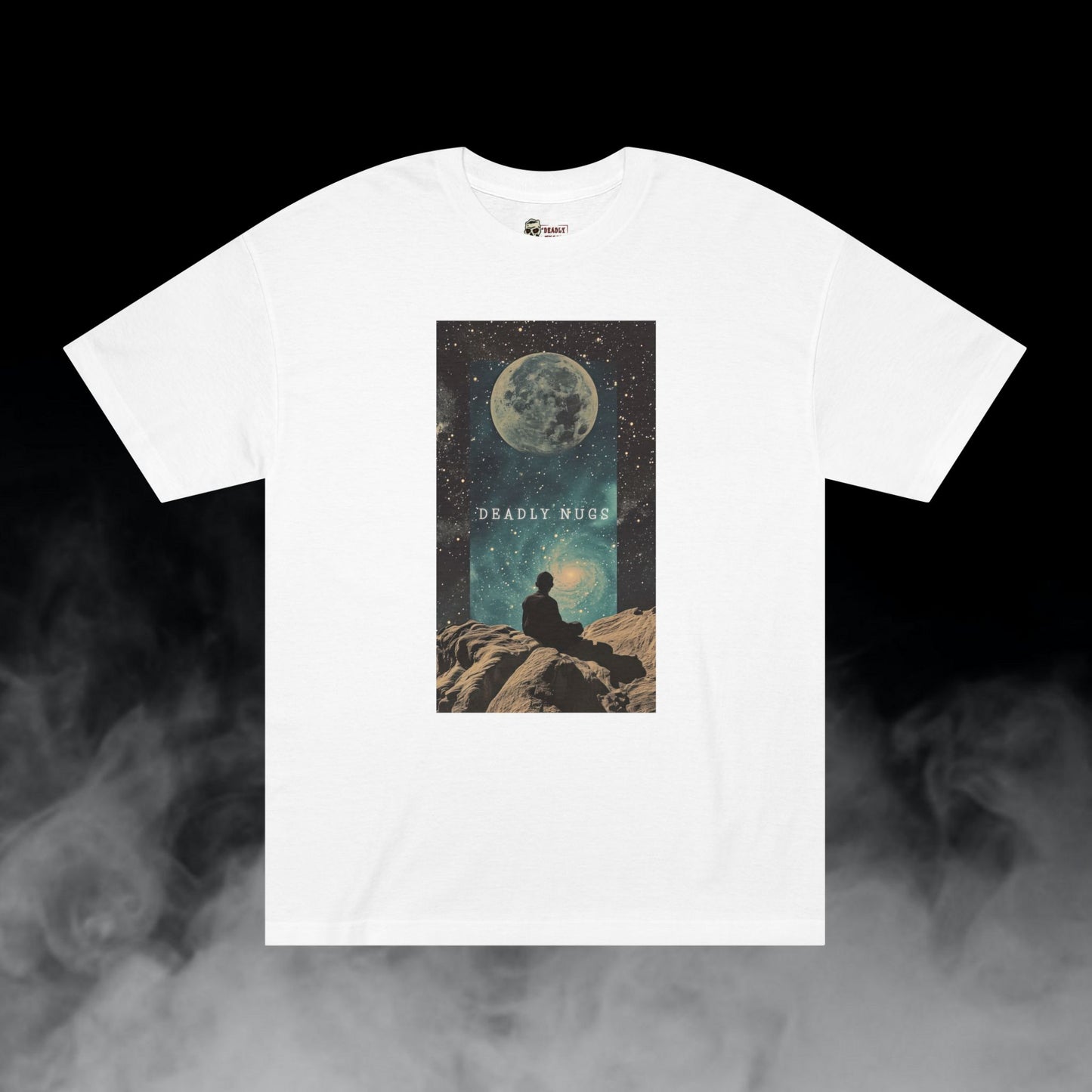 Find My Space / Figure with Space Moon Galaxy Graphic Tee / Futuristic Chill Aesthetic Art / 420 Underground Stoner Streetwear / DEADLY NUGS