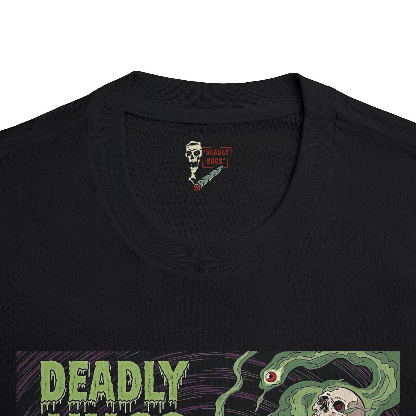 Weed & Wither / Panicked Man Surrounded by Swirling Cannabis Smoke & Skulls Graphic Tee / Vintage Horror Comic Art Style / 420 Underground Stoner Culture / DEADLY NUGS