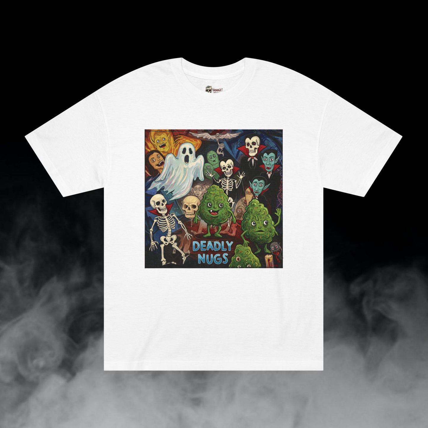 NUGS of the Living Dead / Bud Characters Ghost Spirits Skeleton Vampires Graphic Tee / Dark Humor Eerie Sinister Vintage Pop Art Comic Style / 420 Underground Stoner Streetwear / DEADLY NUGS