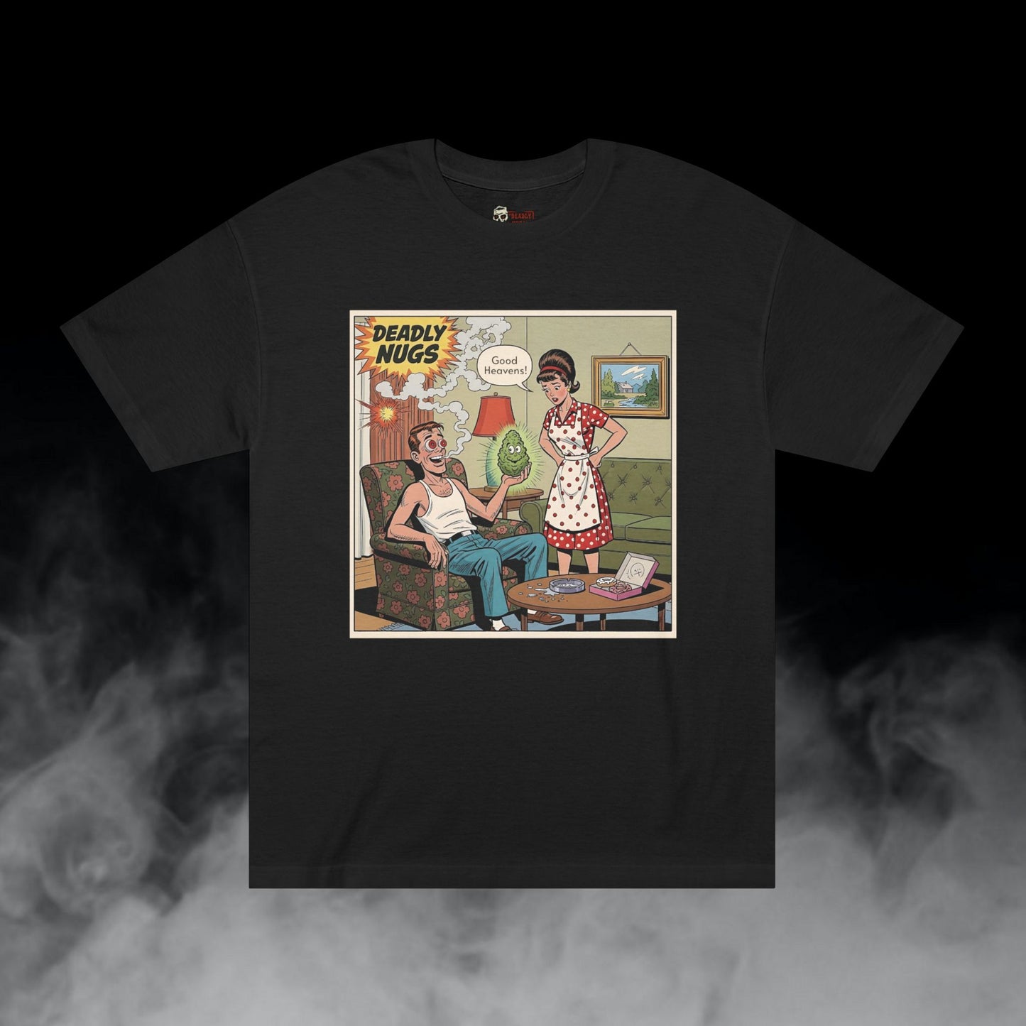 Good Heavens! / Suburban Husband and Wife Overwhelmed by Cannabis Experience Graphic Tee / Vintage Humor Comic Art Style / 420 Underground Stoner Culture / DEADLY NUGS