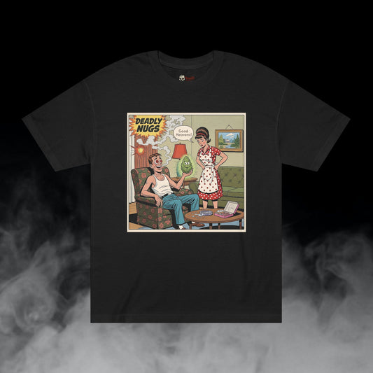 Good Heavens! / Suburban Husband and Wife Overwhelmed by Cannabis Experience Graphic Tee / Vintage Humor Comic Art Style / 420 Underground Stoner Culture / DEADLY NUGS
