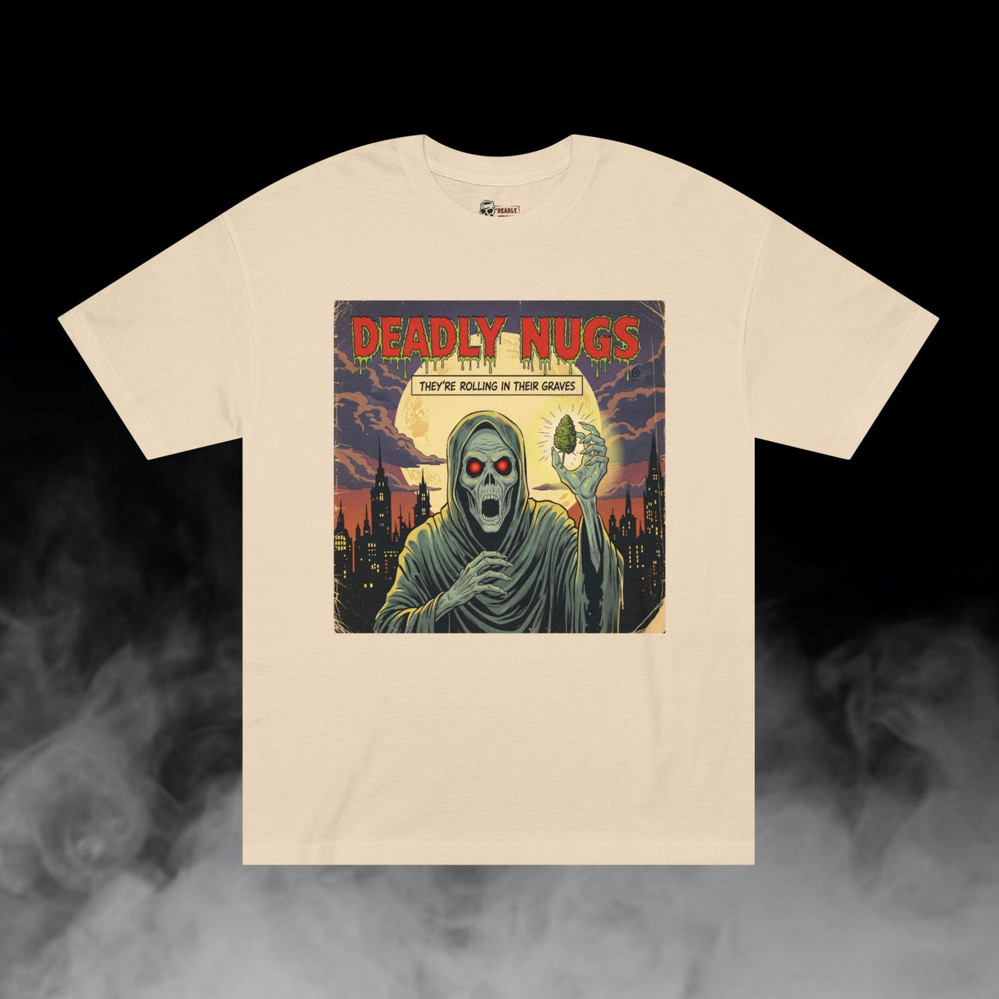 Rolling in Their Graves / Hooded Reaper Cannabis Bud Graphic Tee / Vintage Pulp Horror Comic Style / 420 Underground Stoner Streetwear / DEADLY NUGS