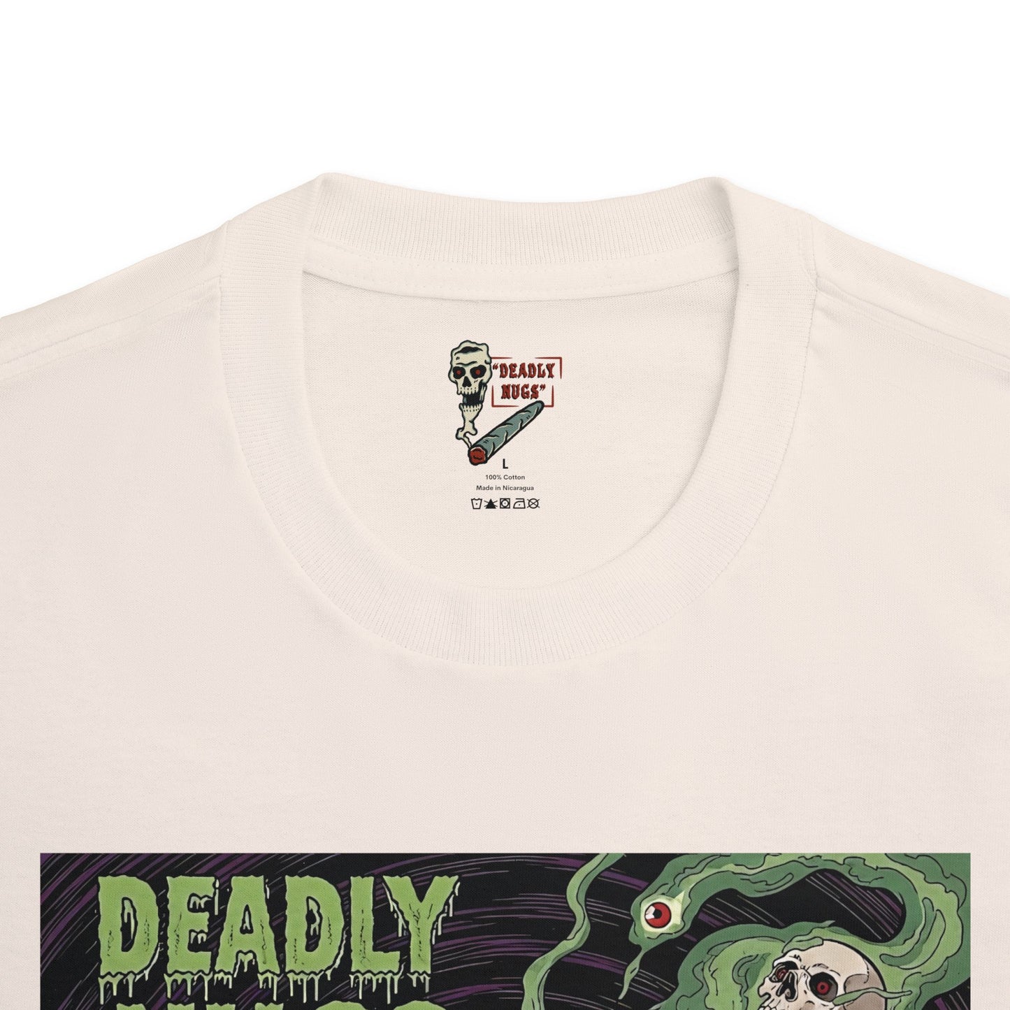 Weed & Wither / Panicked Man Surrounded by Swirling Cannabis Smoke & Skulls Graphic Tee / Vintage Horror Comic Art Style / 420 Underground Stoner Culture / DEADLY NUGS