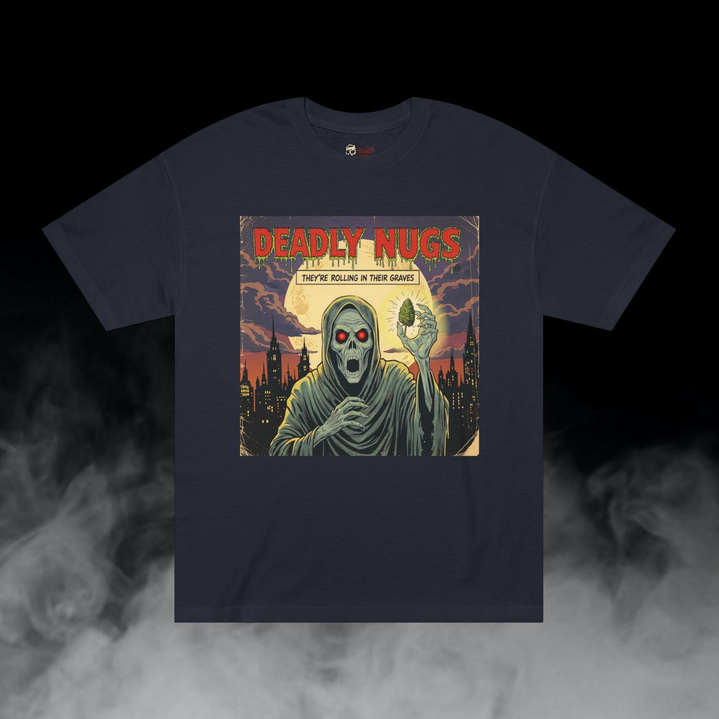 Rolling in Their Graves / Hooded Reaper Cannabis Bud Graphic Tee / Vintage Pulp Horror Comic Style / 420 Underground Stoner Streetwear / DEADLY NUGS