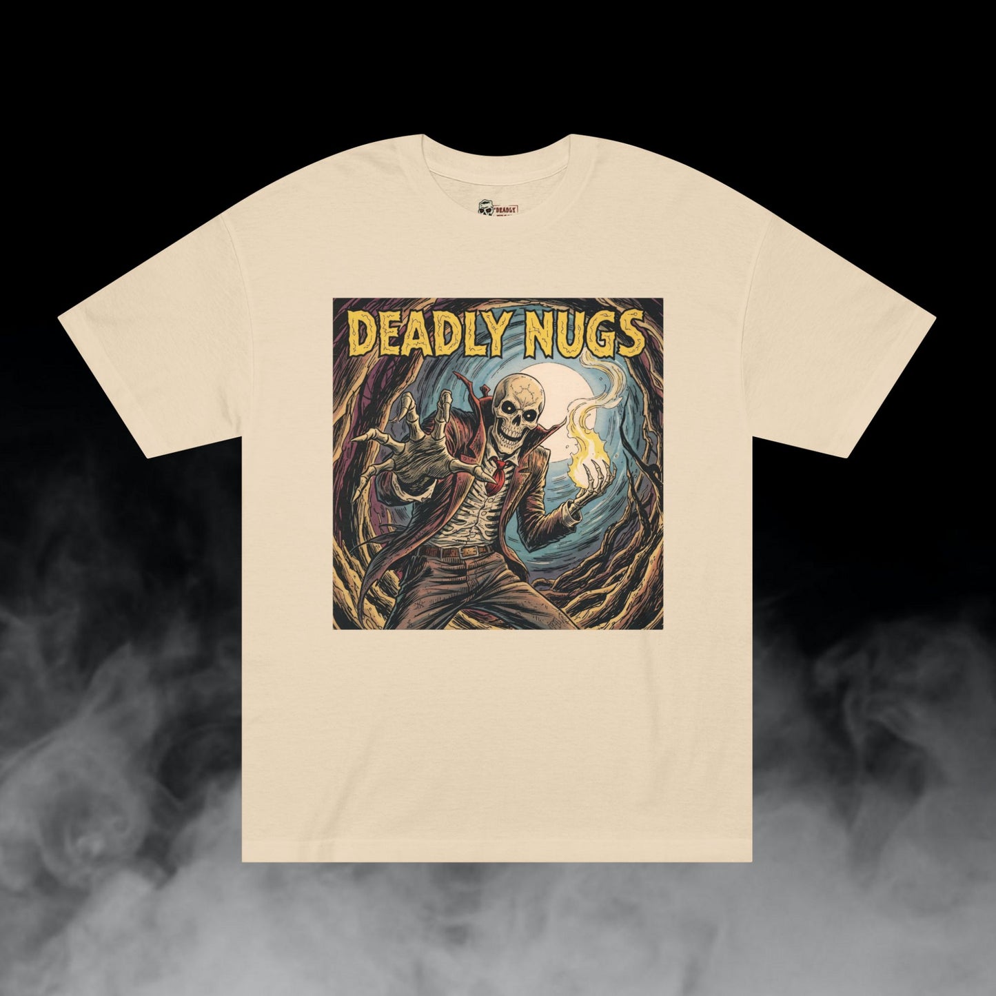 Bone Grove Flame / Skeleton Blazing Fire Graphic Tee / Vintage Pulp Horror Comic Style / 420 Underground Stoner Streetwear / DEADLY NUGS