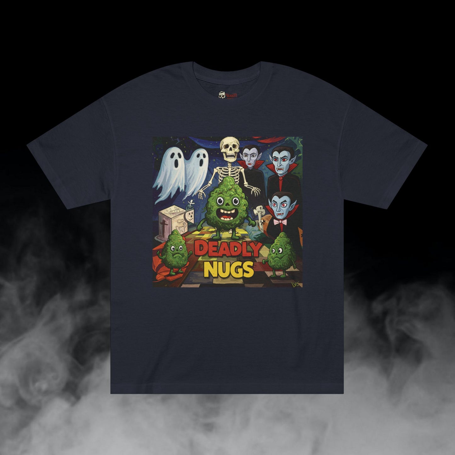Culty-vation / Bud Characters Ghosts Skeleton Vampires Graphic Tee / Dark Humor Eerie Sinister Vintage Pop Art Comic Style / 420 Underground Stoner Streetwear / DEADLY NUGS