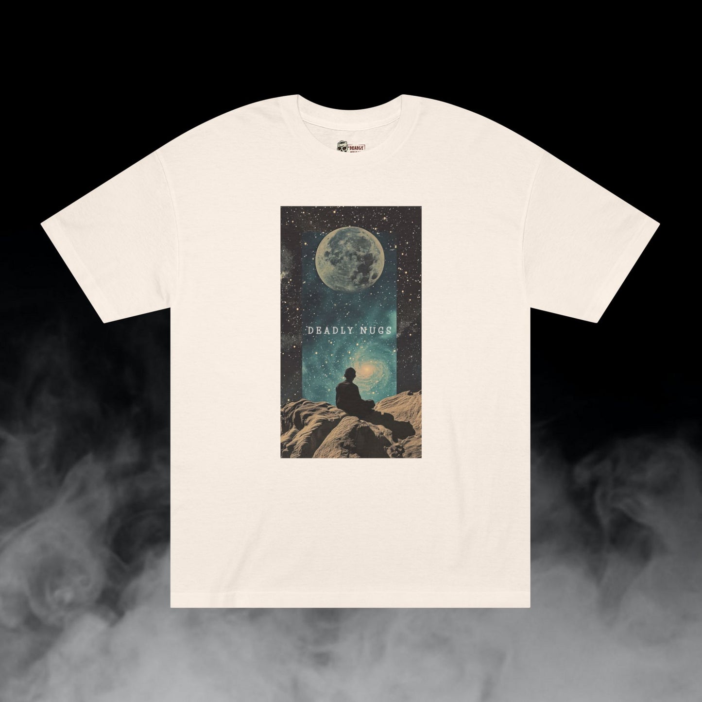 Find My Space / Figure with Space Moon Galaxy Graphic Tee / Futuristic Chill Aesthetic Art / 420 Underground Stoner Streetwear / DEADLY NUGS
