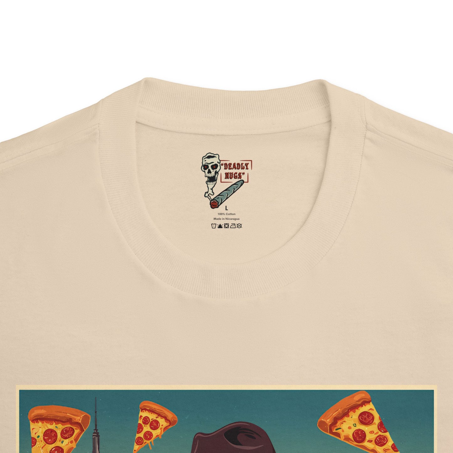 Pizza New York / City Skyline Skeleton Smoking Pizza Graphic Tee / Classic Vintage Travel Poster Art Style / 420 Underground Stoner Streetwear / DEADLY NUGS