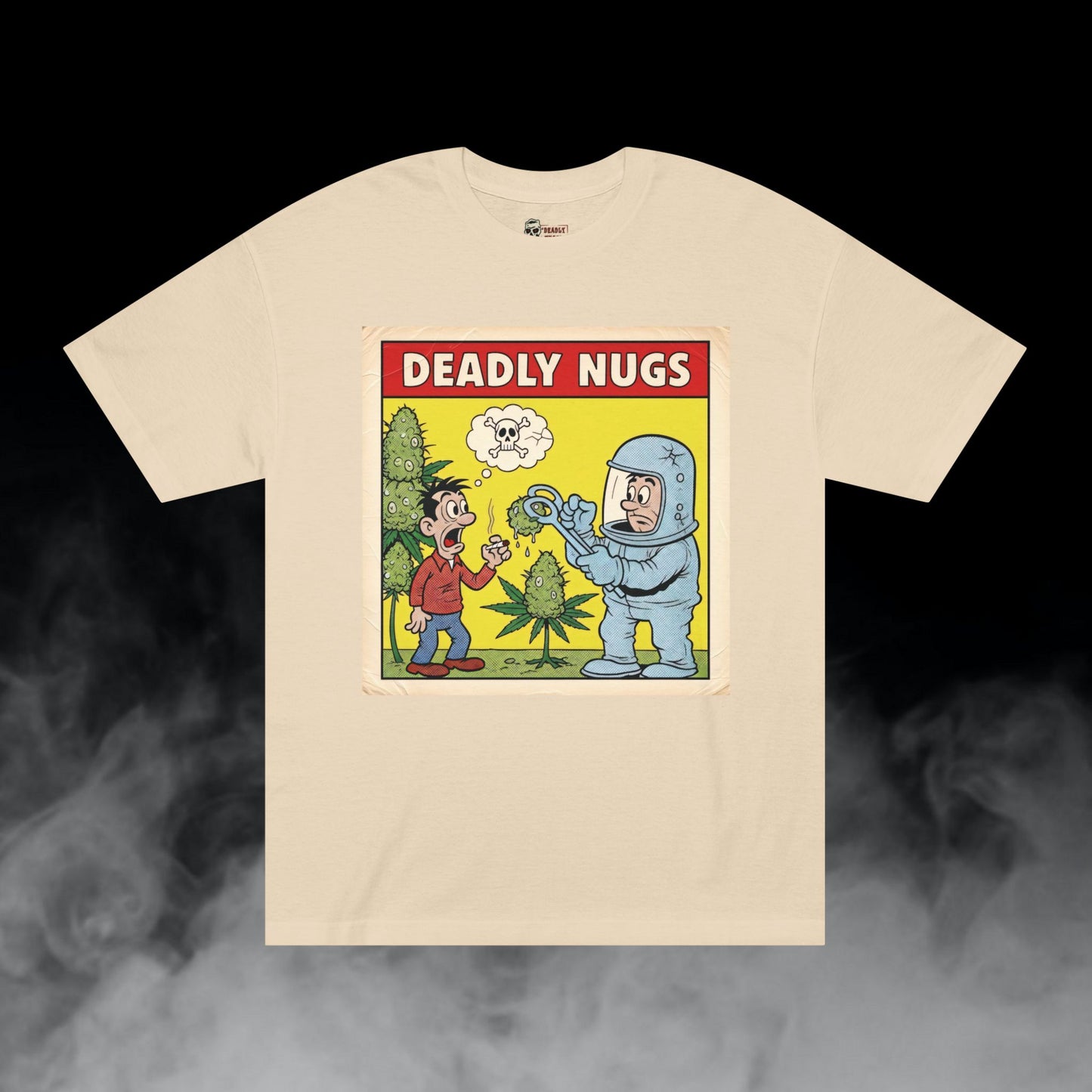 Quarantine Harvest / Man Smokes Bio-Hazard Buds Graphic Tee / Vintage Atomic Pop Art Comic Style / 420 Underground Stoner Culture / DEADLY NUGS