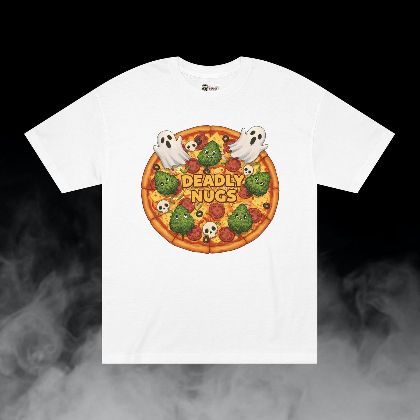 High Quality Ingredients / Pizza Bud Characters Ghosts Skulls Graphic Tee / Dark Humor Spooky Modern Cartoon Comic Art Style / 420 Underground Stoner Streetwear / DEADLY NUGS