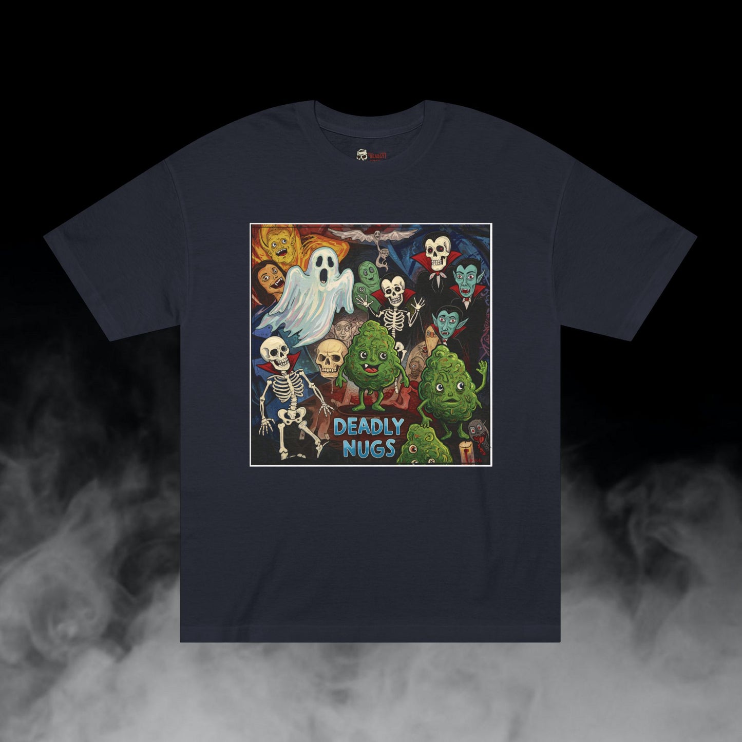 NUGS of the Living Dead / Bud Characters Ghost Spirits Skeleton Vampires Graphic Tee / Dark Humor Eerie Sinister Vintage Pop Art Comic Style / 420 Underground Stoner Streetwear / DEADLY NUGS